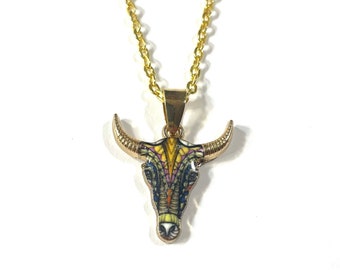 Gold Plated Longhorn Bull Skull Buffalo .75" Pendant, Multi Color Enamel, Gift Boxed