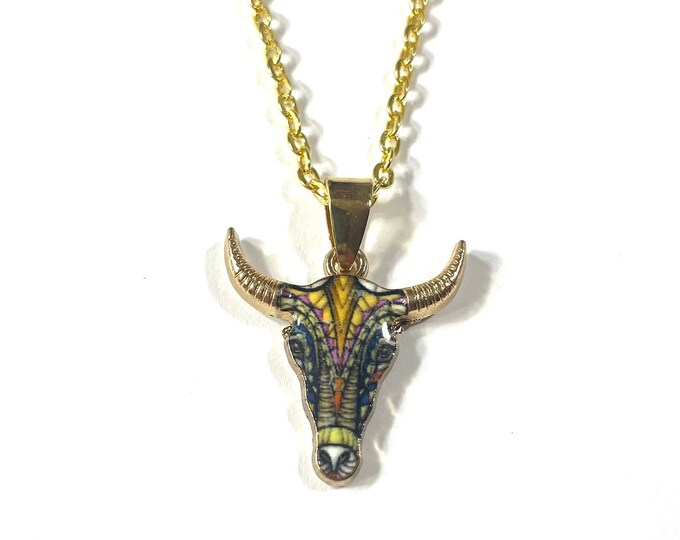 Gold Plated Longhorn Bull Skull Buffalo .75" Pendant, Multi Color Enamel, Gift Boxed