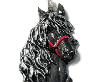 Horse Head Black with Silver Mane, Red Halter Equestrian Horse Lover Pendant or Ornament @2.5 Inch Long, Necklace