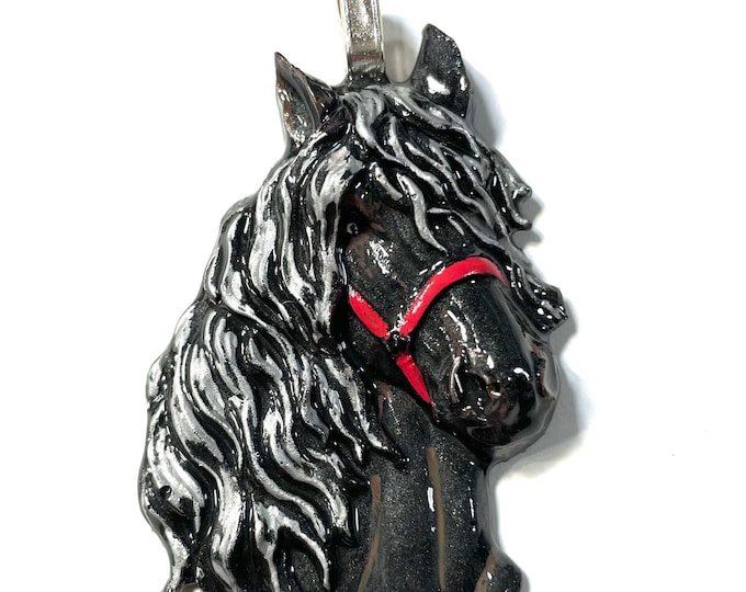 Horse Head Black with Silver Mane, Red Halter Equestrian Horse Lover Pendant or Ornament @2.5 Inch Long, Necklace