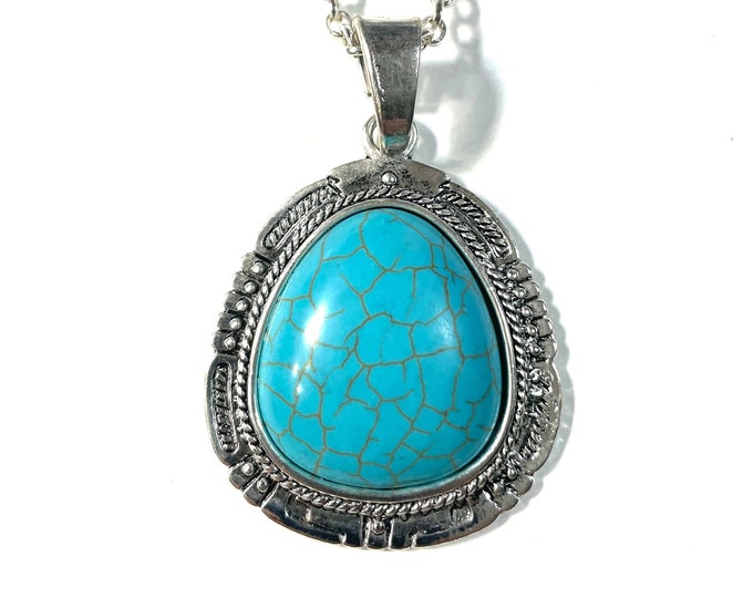 Boho Chic Large Etched Drop Faux Turquoise Pear Shaped Cabochon Pendant Silver Plated Necklace Pendant Medallion Gift Boxed FREE SHIP USA