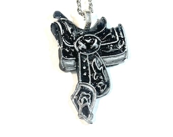 Black And Silver 1.5"  Western Cowboy Saddle Pendant, with Detail Gift Boxed, Handpoured and painted