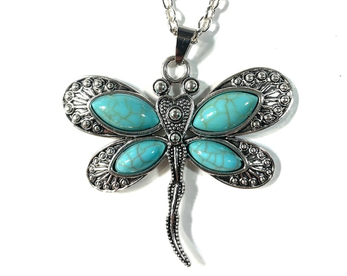 Boho Chic Nature Large Dragonfly Faux Turquoise Cabochon Pendant Silver Plated Necklace Pendant Medallion Gift Boxed FREE SHIP USA