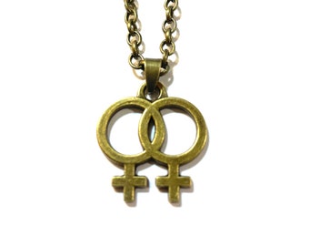 Large Double Venus Gay Lesbian Pride Bronze Medallion Pendant 18" to 30" Bronze Chain or Waxed Cord Necklace