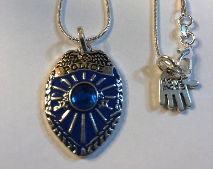 Large Police Officer Badge Silver Blue Crystal Pendant Necklace and/or Earrings 18" Necklace Gift Boxed
