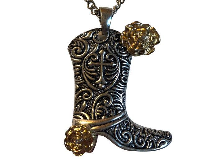 Silver & Gold PLT Large 2.75x2 Western Cowboy Boot Pendant, with Flower Detail Gift Boxed