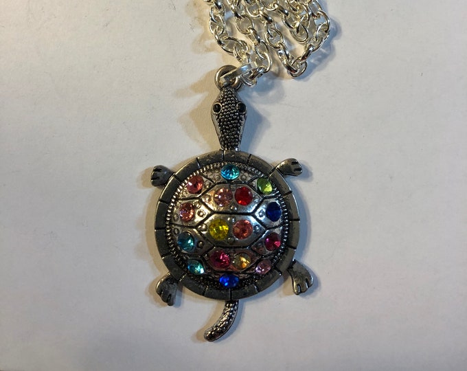 Silver Plated Turtle with Crystals 2" Medallion 20" Rolo Chain Necklace Gift Boxed