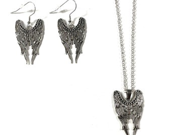 Lucifer Large Angel Wings Pendant Silver Plated Necklace and/or Earrings Gift Boxed FREE SHIP USA