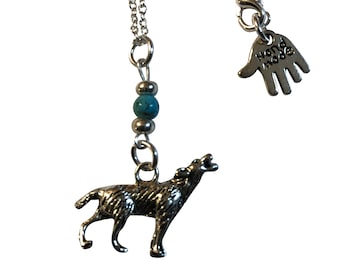 Silver Howling Wolf Pendant and/or Earrings, Faux Turquoise 18" - 20" Chain or Waxed Cord Gift Boxed