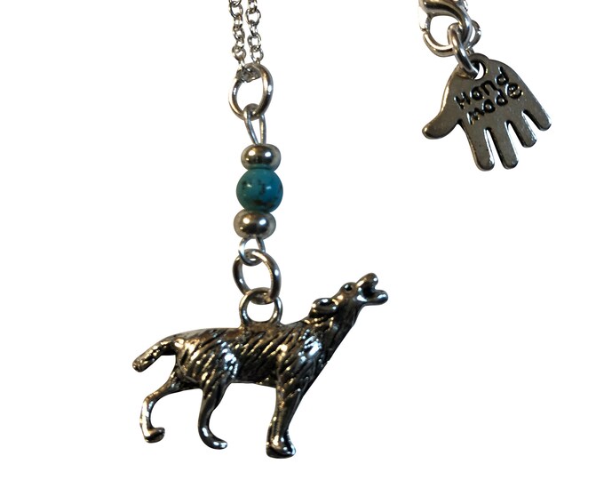 Silver Howling Wolf Pendant and/or Earrings, Faux Turquoise 18" - 20" Chain or Waxed Cord Gift Boxed