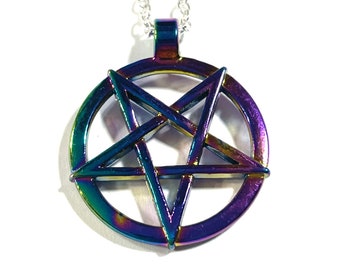 AB Rainbow Multi Color Pentagram Gothic Wicca Medallion Pendant 18" to 30" Necklace