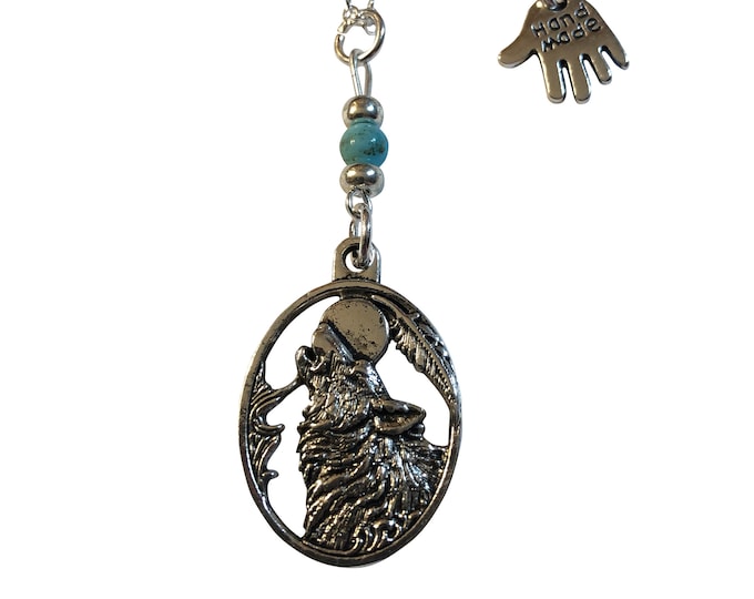 Antiqued Silver Wolf Moon Pendant With or Without Faux Turquoise Beading 18" - 20" Chain or Waxed Cord Gift Boxed