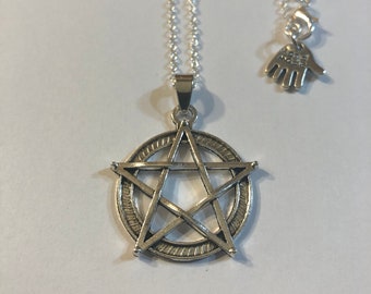 Pentagram Gothic Wicca Medallion Antiqued Silver Pendant 18" to 30" Necklace, U Choose Size, Color and Style