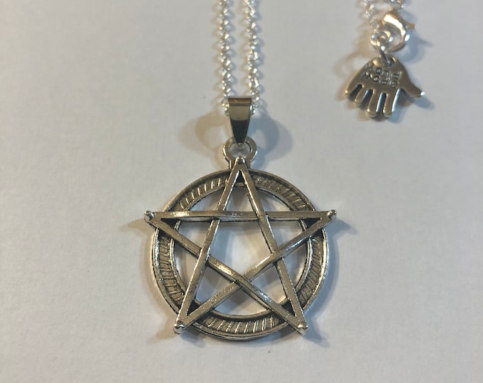 Pentagram Gothic Wicca Medallion Antiqued Silver Pendant 18" to 30" Necklace, U Choose Size, Color and Style