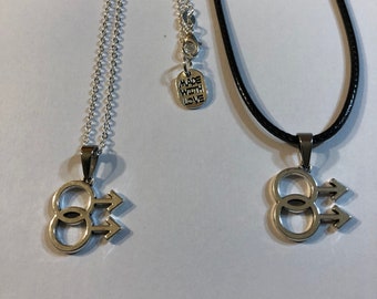 Double Mars Symbol Male Arrow Gay Pride Antiqued Look Silver Plated Medallion Pendant 18"-22"Chain Gift Boxed