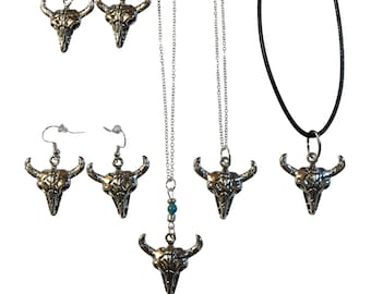 Silver Longhorn Bull Skull Buffalo Pendant and/or Earrings, Faux Turquoise 18" - 20" Chain or Waxed Cord Gift Boxed