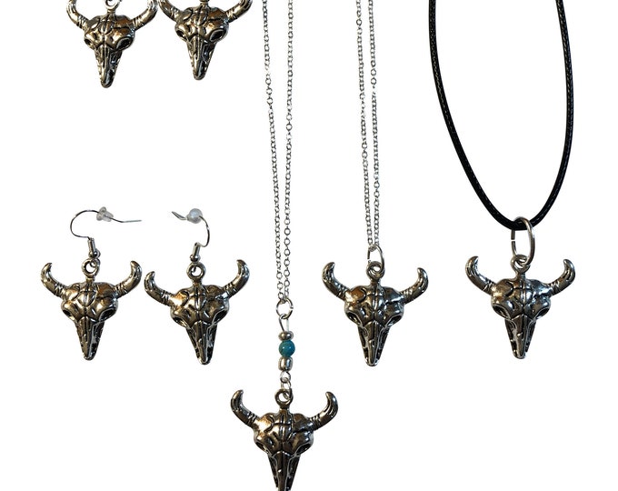 Silver Longhorn Bull Skull Buffalo Pendant and/or Earrings, Faux Turquoise 18" - 20" Chain or Waxed Cord Gift Boxed