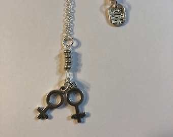 Beaded Double Venus Gay Lesbian Pride Medallion Pendant 18" Chain or Waxed Cord Necklace