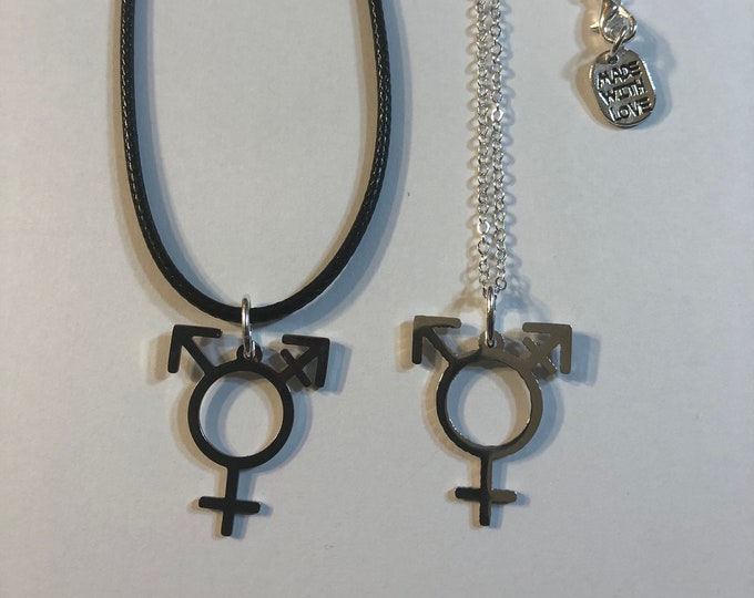 Transgender Symbol Gay LGBTQ Pride SS Medallion Pendant 18"-30" Chain or Waxed Cord Necklace or Earring