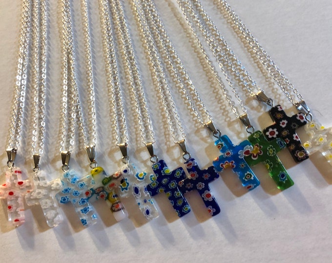 RESTOCKED & New Colors Murano Millefiori Glass Cross Pendant @1 Inch Long, Pendant, Necklace or Earrings