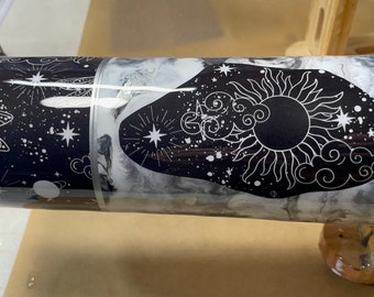 Ready to Ship 20 Oz Skinny Stainless Steel Epoxy Tumbler w Lid & Straw, Alcohol Ink Swirl, Astrological Inspirational Moon Stars