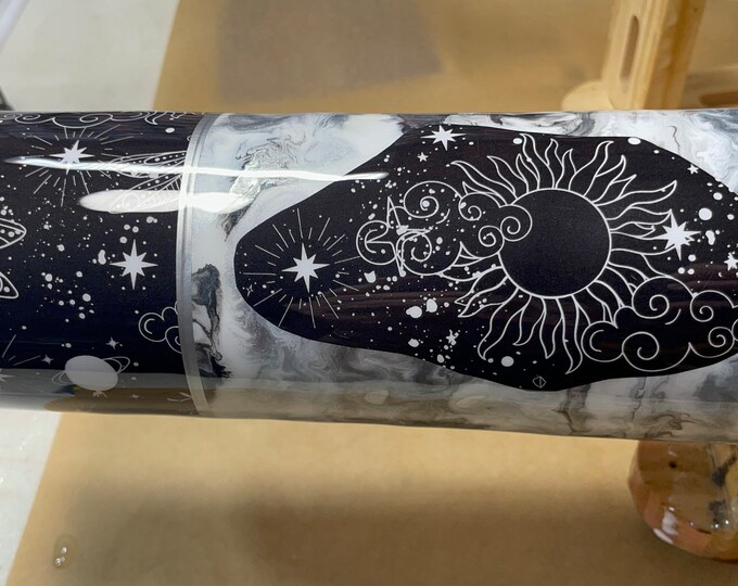 Ready to Ship 20 Oz Skinny Stainless Steel Epoxy Tumbler w Lid & Straw, Alcohol Ink Swirl, Astrological Inspirational Moon Stars