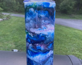20 Oz Skinny Stainless Steel Epoxy Tumbler Alcohol Ink Swirl, Colorful Silver, Pink, Blue, yellow, White and Glitter, Unique, Custom Designs