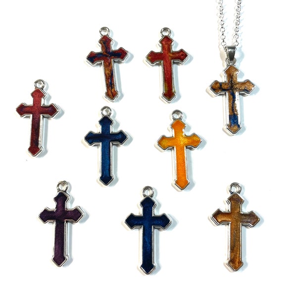 Custom Color Available, Resin Handpoured and Painted Cross Pendant, Silver Plated Frame @1.5 Inch Long, Pendant, Necklace or Earrings