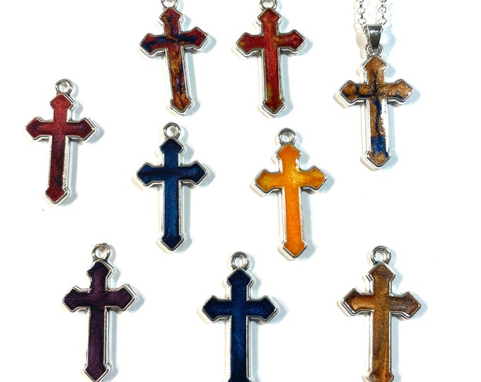Custom Color Available, Resin Handpoured and Painted Cross Pendant, Silver Plated Frame @1.5 Inch Long, Pendant, Necklace or Earrings