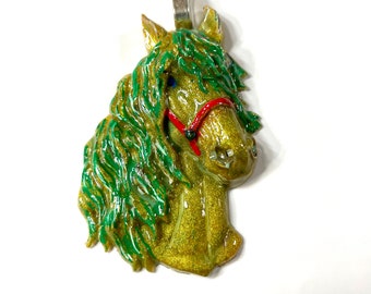 Resin 3D, Holiday Horse Green Gold Red Halter Pearlized Equestrian Horse Lover Pendant or Ornament @2.5 Inch Long, Pendant, Necklace