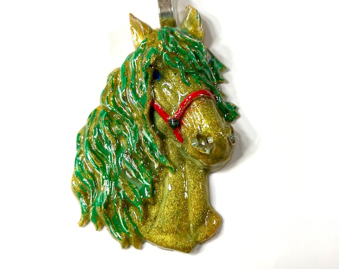 Resin 3D, Holiday Horse Green Gold Red Halter Pearlized Equestrian Horse Lover Pendant or Ornament @2.5 Inch Long, Pendant, Necklace