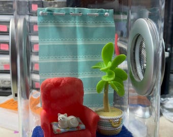 Custom Living Room, Cat, Dog, Curtain, Hides Clear Jumping Spider Enclosure, Dual Silver Vents, Feed Hole w Stopper, @9x5x5, Bottom Opening