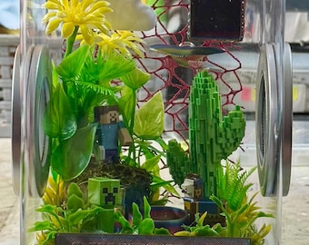 Custom Gaming Mine Craft Clear Jumping Spider Enclosure, Dual Silver Vents, Feed Hole with Stopper, Bottom Opening