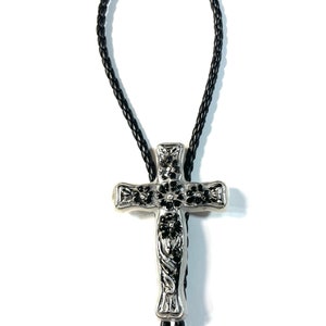 3D Resin Handpoured Pearlized White, Black, Silver, with Flowers, Cross Bolo Tie @3 Inch Long, Pendant, Necklace