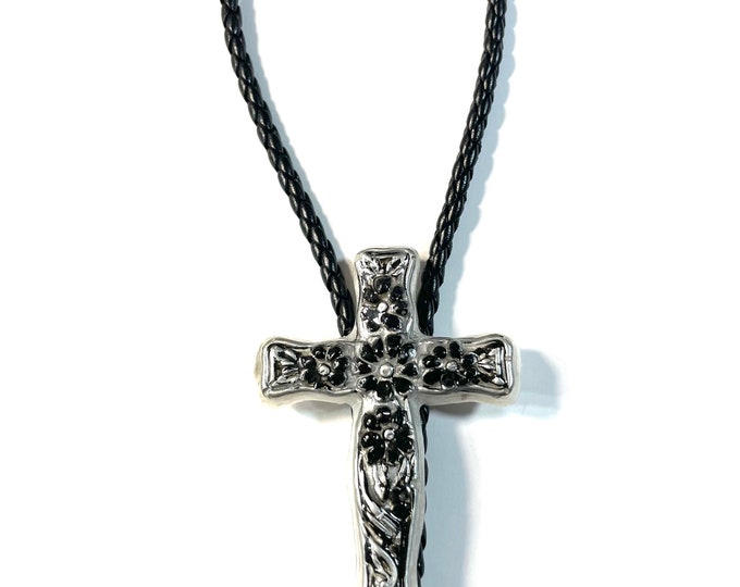 3D Resin Handpoured Pearlized White, Black, Silver, with Flowers, Cross Bolo Tie @3 Inch Long, Pendant, Necklace