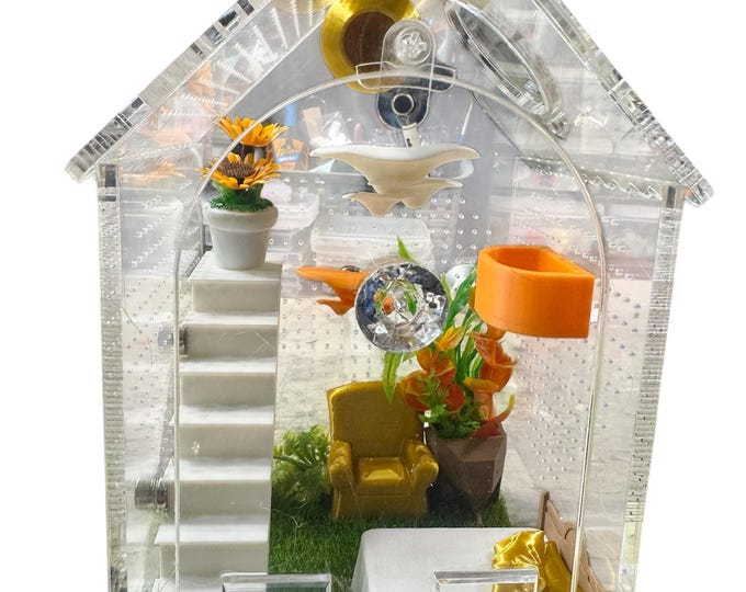 House Shaped Furniture Stairs Hide, Orange White Gold, Jumping Spider Enclosure, Cross Ventilation 2 mm, Feed Hole, Front Door, 5x5x8"