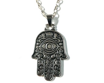 Reversible Two Sided Hamsa Evil Eye Amulet, Symbol of Luck and Protection, Large Medallion Necklace