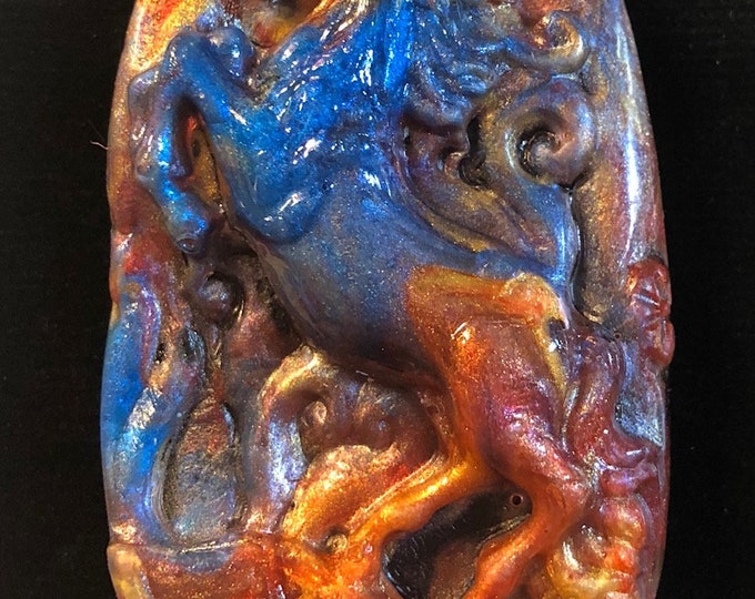Resin 3D, Red, Blue, Yellow Colombia Pearlized Horse Head, Equestrian Medallion Pendant @2.5 Inch Necklace
