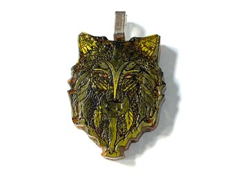 Handpoured and painted Resin Mandala Good Luck Wolf Pendant Necklace Black with Gold, Gift Boxed