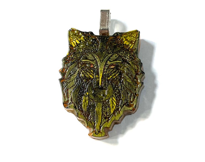 Handpoured and painted Resin Mandala Good Luck Wolf Pendant Necklace Black with Gold, Gift Boxed
