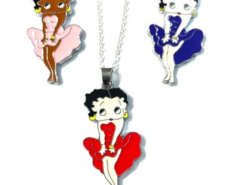 Silver Plated Betty Boop 1.75"  Medallion Pendant 18"-30"Chain Gift Boxed