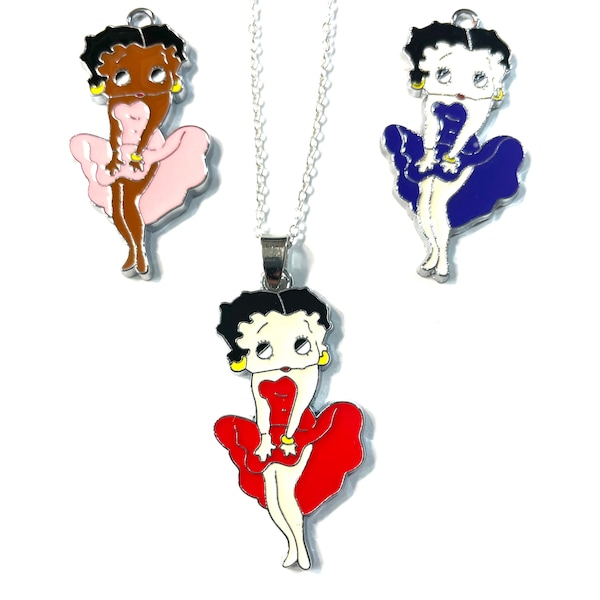 Silver Plated Betty Boop 1.75"  Medallion Pendant 18"-30"Chain Gift Boxed