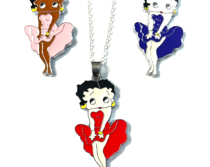 Silver Plated Betty Boop 1.75"  Medallion Pendant 18"-30"Chain Gift Boxed