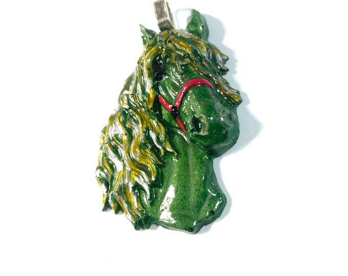Resin 3D, Holiday Green, Gold, Red Halter Equestrian Horse Lover Pendant or Ornament @2.5 Inch Long, Necklace