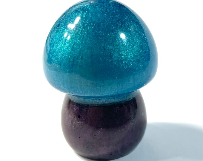 Boho Hippie Mushroom Decor Totem Statue, Teal and Dark Purple @2 Inch, Resin Handmade & Painted