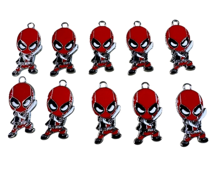 Lot of 10 Each Metal Deadpool Medallion Charm Pendant, 1.2" Size, Charms Only