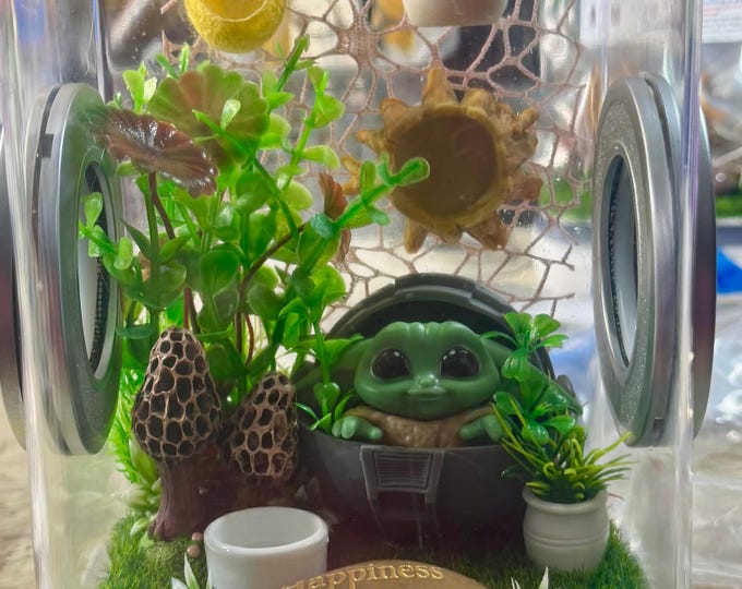 Custom MushroomYoda, Believe, Hides, Clear Jumping Spider Sling Enclosure, Dual Silver Vents, Feed Hole with Stopper, Bottom Opening