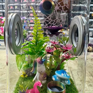 Custom Unicorn Flamingo Yoga, Hides, Clear Jumping Spider Enclosure, Dual Silver Vents, Feed Hole with Stopper, Bottom Opening