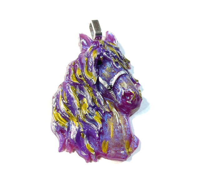 Resin 3D, Purple Silver Gold, Silver Halter Equestrian Horse Lover Pendant or Ornament @2.5 Inch Long, Necklace