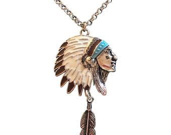 Silver Painted Indian Chief Headdress Pendant, with Feather Detail Gift Boxed FREE SHIP USA